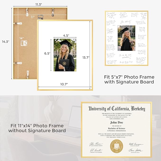 Signature Picture Frame 11x14, Aluminum Signable Frame with Mat, Gold | Elegant Gold Signable Frame with 5x7 Opening for Wedding, Graduation, Birthday & Baby Shower Guest Book | Wall Kit Included