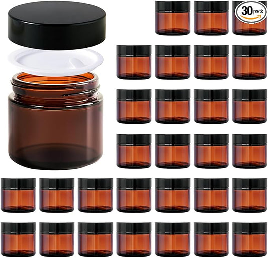 2oz Jars with Lids, HOA Kinh 30 Pack Amber Glass Jars with Black Lids Empty Cosmetic Containers Round Airtight Glass Jar with Inner Liners for Storing Lotions, Powders, and Ointments