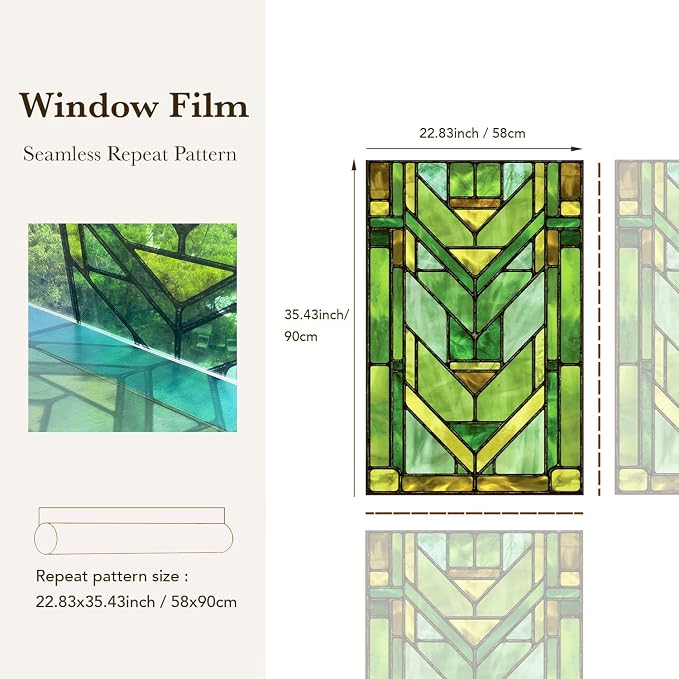 Faux Stained Glass Effect Transparent Window Film, Original Hand Drawn Static Cling Home Decal Inspired by Frank Lloyd Wright, 22.83" x35.43" Martin House, Green