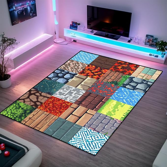 Game Room Rug - Video Game Block Theme Carpet Decor for Boys Room Gaming Floor Mat Rugs for Boys Decor for Bedroom Playroom, 4'x6'
