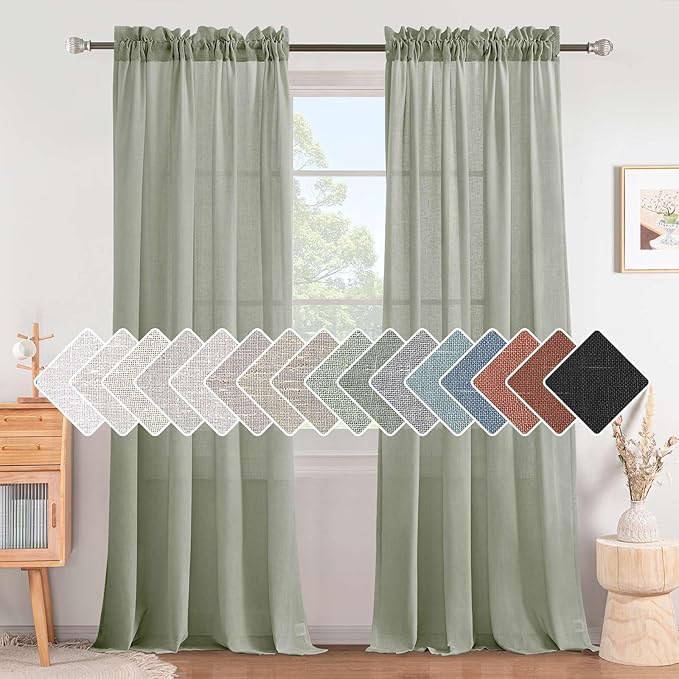 H.VERSAILTEX Linen Curtains Elegant Natural Linen Semi Sheer Curtains Energy Light Filtering Rod Pocket Window Treatments Panels for Living Room (Set of 2, Sea Grass, 52 inch W X 84 inch L)
