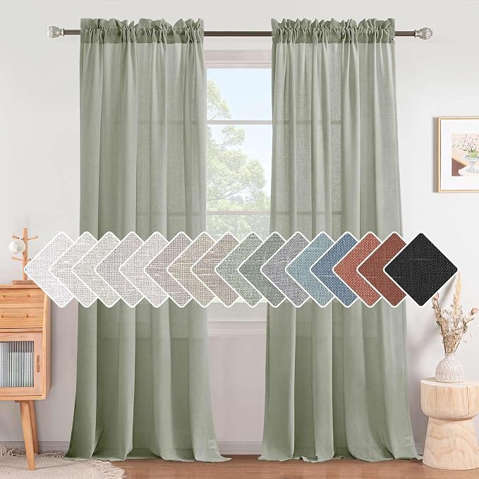 H.VERSAILTEX Linen Curtains Elegant Natural Linen Semi Sheer Curtains Energy Light Filtering Rod Pocket Window Treatments Panels for Living Room (Set of 2, Sea Grass, 52 inch W X 108 inch L)