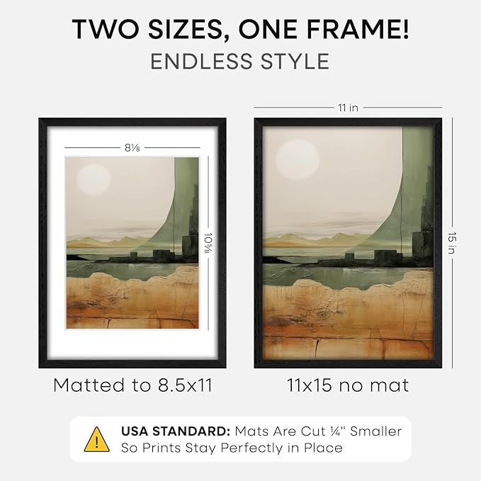 Homeforia 11x15 Picture Frame Black Wood, High End Oak 11x15 Poster Frames with Mat 8.5x11, 11 x 15 Wooden Frames Matted to 8.5 x 11 inch Photo, 15x11 Hanging Frame, Tempered Glass, Wall Kit, Set of 1