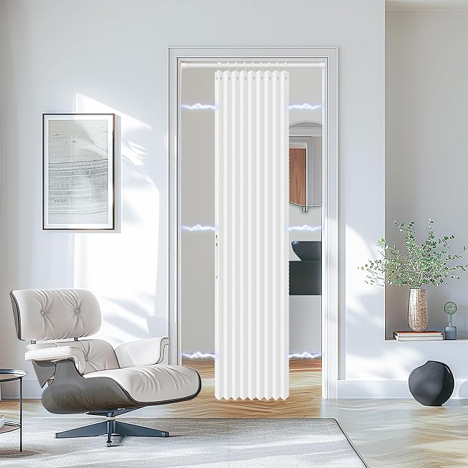 AJAZZ Set: Curtain Rods No Drilling (38-53" W Adjustable Range) & Accordion Door Curtain, White 53W×78" L, Accordion Doors for Closet Doorway Room Divider