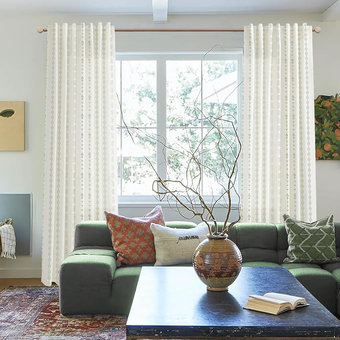 Lino Rosa Sliding Door Curtains 2 Panel Sets for Patio,Boho Patterned Sheer Green Striped Curtains 96 Inches Long