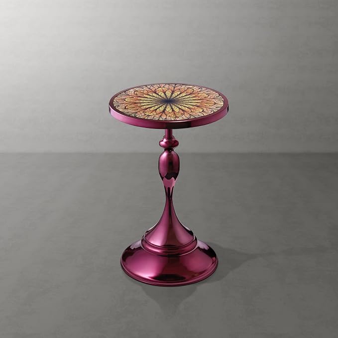 Homes: Inside + Out Halric Modern 24" Tall Round End Table with Decorated Tabletop and Iron Metal Base, Accent Furniture, Elegant Pedestal Stand for Living Room, Home Office, Chrome Purple
