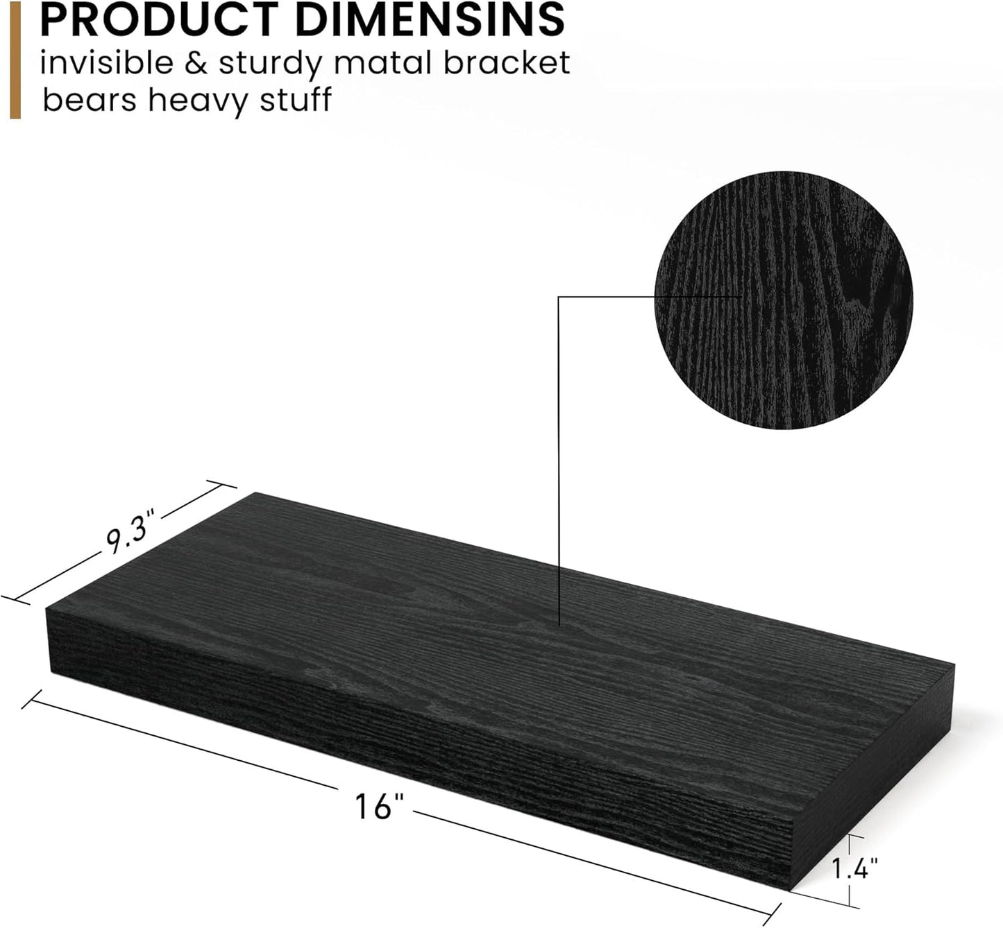 Fun Memories Deep Floating Shelves - 16" W x 9" D x 1.6" H Rustic Black Wall Shelf - Wall Mounted Shelves for Storage - Wooden Shelves with Invisible Brackets for Living Room, Farmhouse - Set of 2