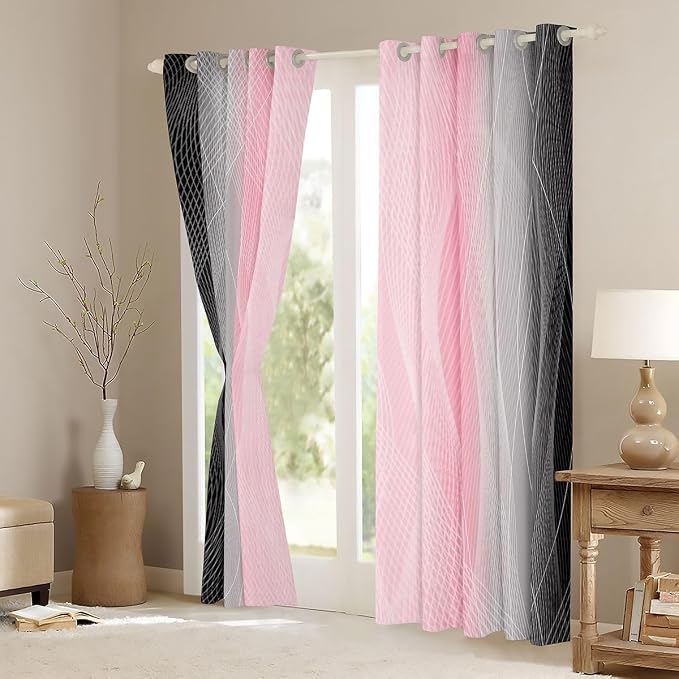 jejeloiu (2 Panels, 38 x 45 Inch Pink and Black Darkening Drapes Strip Lines Curtains for Bedroom Living Room for Kids Women Men Ombre Printed Blackout Curtains Geometric Window Treatments