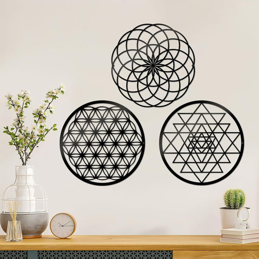 3 Pcs Metal Abstract Wall Decor, Minimalist Lines Wall Hanging Art Painting, Modern Geometric Black Wall Sculpture Suitable for Home Office, Hotel Living Room, Bedroom and other Home Decoration（Circle）