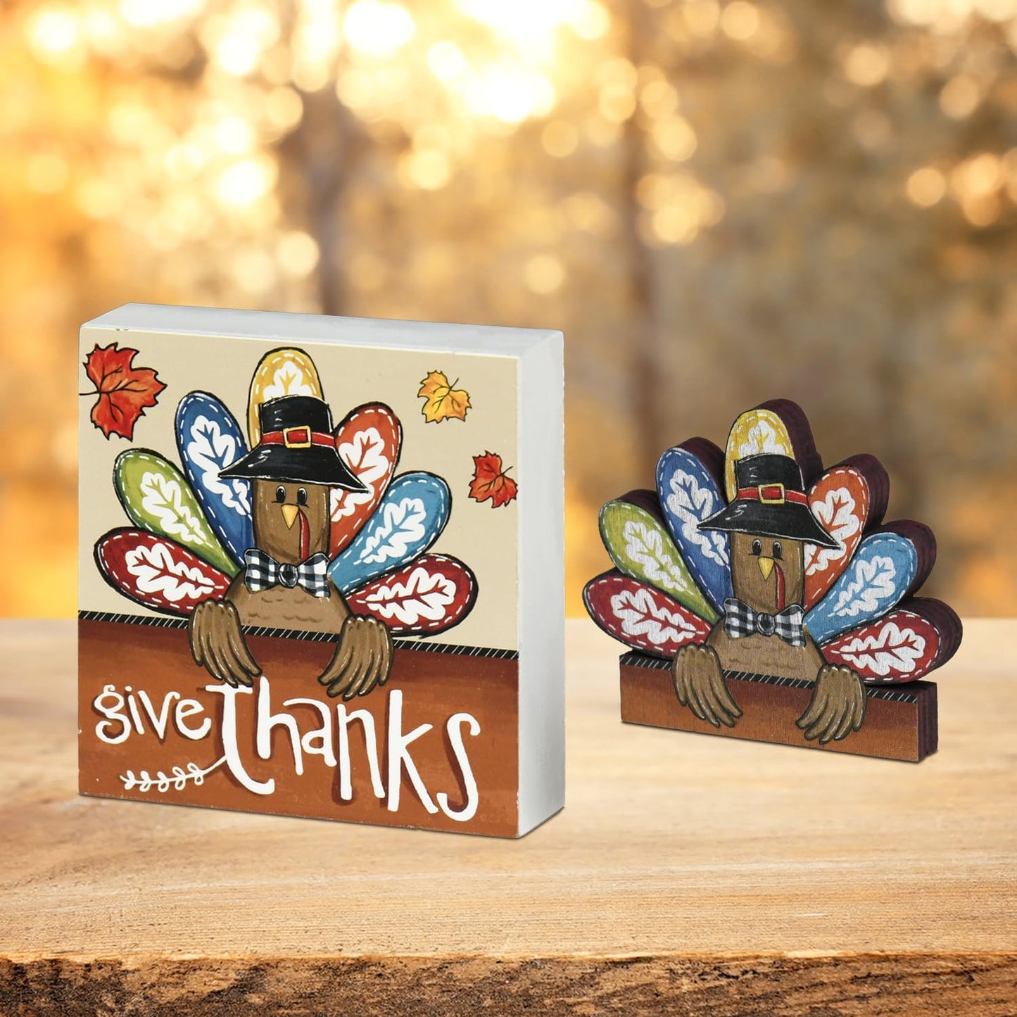 Smile Thanksgiving Wooden Decor Indoor, Turkey Decor Give Thanks Box Sign, Thanksgiving Table Tiered Tray Kitchen Decorations