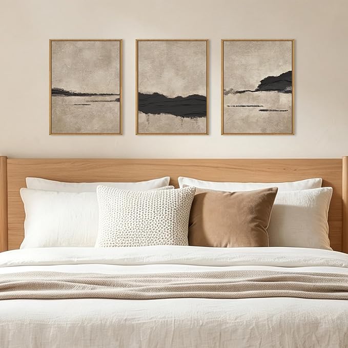 Large Abstract Black and Tan Framed Canvas Wall Art,Vintage Minimalist Wall Decor,Neutral Brush Stroke Artwork,Modern Textured Art Print for Living Room,Bedroom,Office- 12"x16"x3