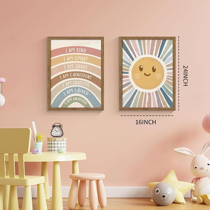 2 Piece Framed Boho Rainbow Kids Room Wall Art 16x24 Inch | Positive Affirmations Playroom Wall Decor, Sun Smiley Face Nursery Painting Canvas Prints for Classroom Toddler Room Decor