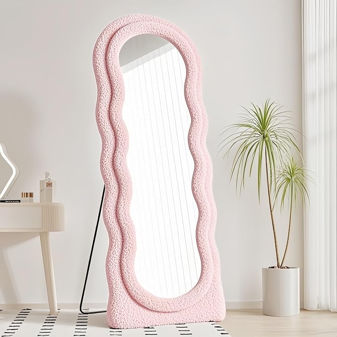 Dewfig Full Length Mirror, 63" x 24" Irregular Wavy Mirror, Large Floor Length Mirrors Wall Mounted, Standing Wavy Mirrors with Teddy Velvet Wrapped Wooden Frame for Bedroom/Living Room, Pink