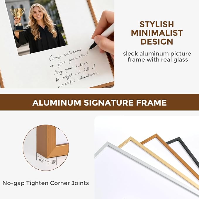 Signature Picture Frame 16x20, Aluminum Signable Frame with Glass, Bronze | Warm Bronze Signable Frame with 8x10 for Wedding, Graduation, Birthday & Baby Shower Guest Book| Real Glass & Wall Kit