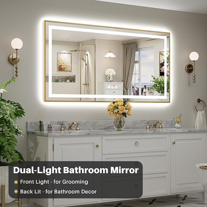 68x36 Inch LED Bathroom Mirror with Gold Frame, Backlit & Front Lit, Anti-Fog Lighted Bathroom Vanity Mirror for Wall, Memory Function, Dimmable, HD Tempered Glass, Shatter-Proof