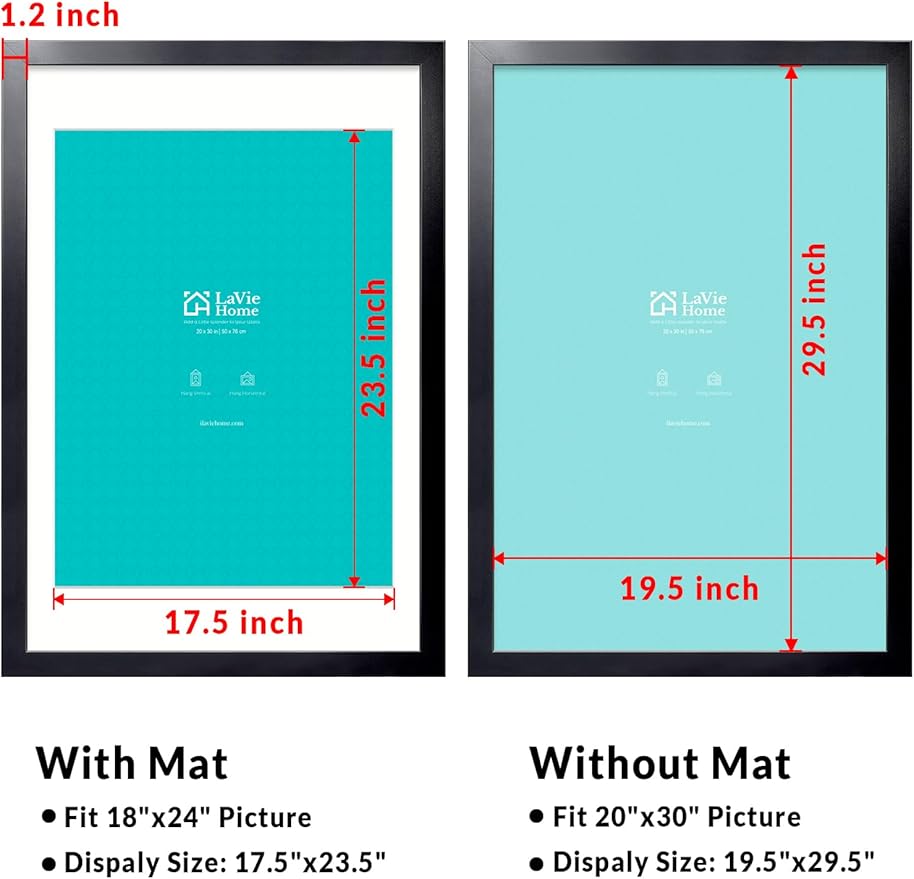 LaVie Home 20x30 Picture Frame Black Poster Frame,Display Pictures 18x24 with Mat or 20x30 Without Mat, Stable and Sturdy Frame and Polished Plexiglass, Horizontal and Vertical Format of The Walls