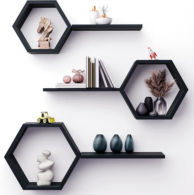 Hexagon Floating Shelves Set of 6 Honeycomb Shelves for Wall, Wooden Hexagon Shelves for Farmhouse Storage (Carbonized Black)
