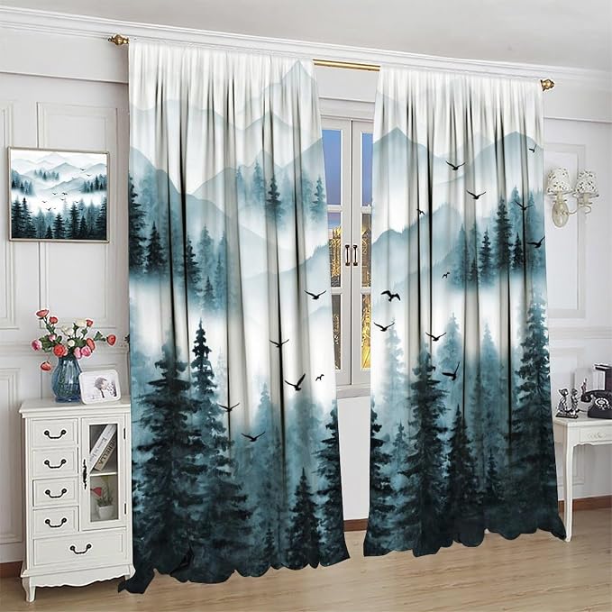 Forest Blackout Curtains for Kitchen Retro Natural Countryside Mist Blue Watercolor Mountain Forest Tree Theme Print Windows Treatments for Boys Girls Bedroom Living Room 42x45in