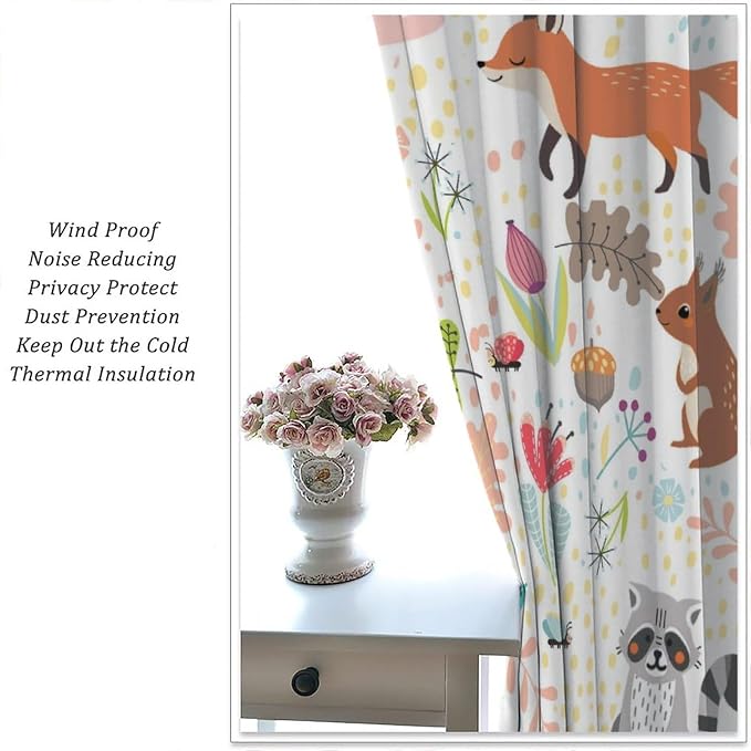 Rustic Animal Curtains, Wild Forest Animal Bear Fox Deer Kids Window Treatments for Living Room Bedroom, Farmhouse Woodland Blackout Drapes 2 Panel Sets, 63x63 Inch