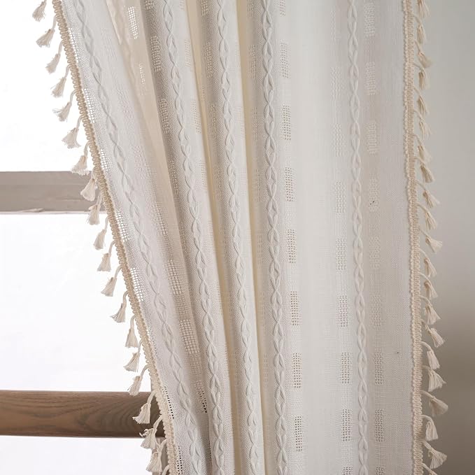 Deeprove Cream White Boho Curtain 63 inches Length for Living Room Bedroom Nursery, Aztec Chic Bohemian 63 inches Long Diamond Stripe Embroidery Privacy Window Fringe Decor W52 x L63, 1 Panel