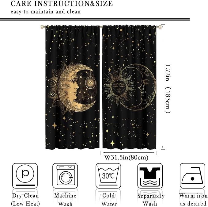 Sun and Moon Blackout Windows Curtains, Golden Planet Star Mysterious Galaxy Curtains Space Curtains, for Living Room Bedroom 63x72in 2 Panels