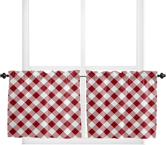24 Inch Long Tier Curtains for Kitchen, Pastoral Style Crimson Lattice Bathroom Window Curtains Rod Pocket Short Curtains Window Treatment Tiers for Living Room Farmhouse 2 Panels