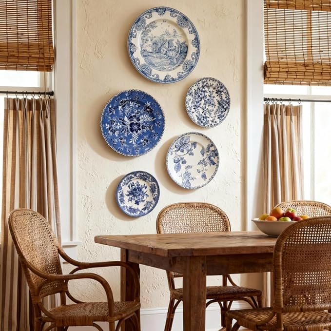 5 Pcs Coastal Vintage Ceramic Wall Plates Set, Blue and White Decoration Hanging Plates with Botanical Patterns, Holland Vintage Gifts for Wall, Home Office Art Ornament(Flowers)