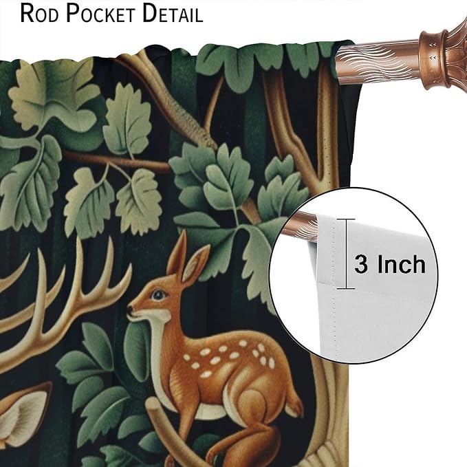 William Morris Blackout Curtains, Retro Forest Deer Animal Rustic Farmhous Window Drapes, for Bedroom Living Room 63" W X 63" L