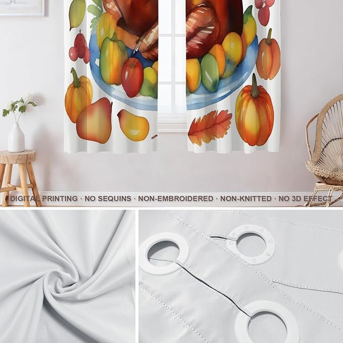 Shrahala Turkey Pumpkin Thanksgiving Thermal Insulated Blackout Window Curtains, Watercolor Fruits Delicious Food Pears Long Drapes for Bedroom/Living Room with Plastic Grommet, 52X63 Set of 2