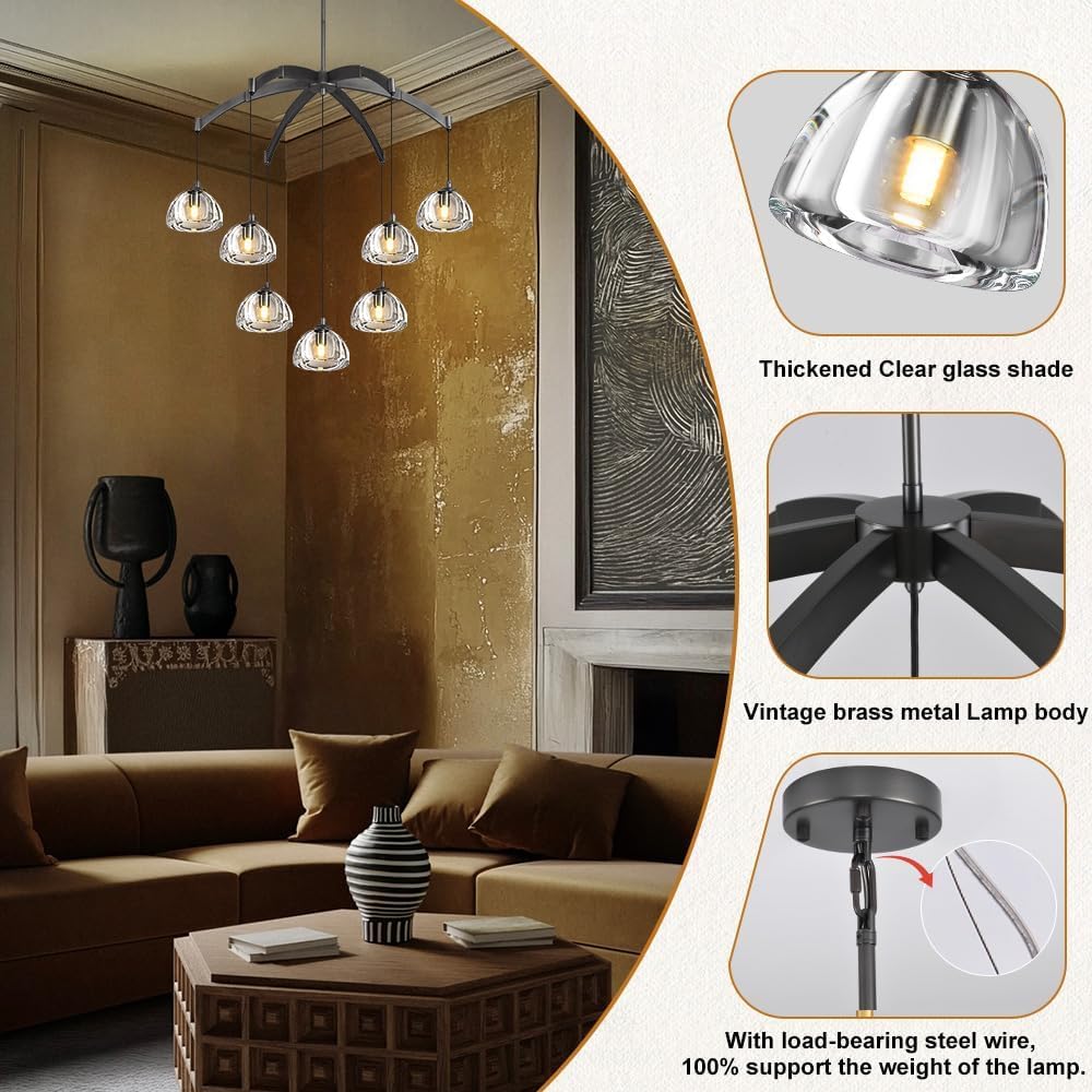 Modern Crystal Chandeliers, Black Round Chandelier for Dining Room, Large Arc Chandelies for Living Room, 7-Light Dining Room Light Fixture 34" Pendant Light Chandelier for Staircase Bedroom