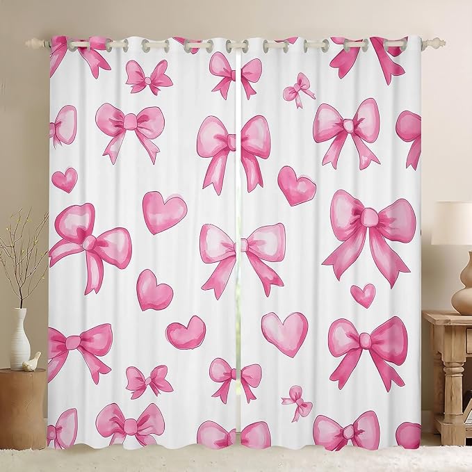 Erosebridal Pink Bow 42" Wx84 L Window Curtain for Girls,Kawaii Love Bowknot Kids Window Treatments Cute Girly Bow Curtain Romantic Heart Bowknot Curtains & Drapes Bedroom Decor