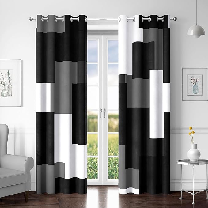 Tyrot Black Grey 100% Blackout Curtains for Bedroom 63 inch Long 2 Panels Set White Gray Modern Abstract Geometric Black Out Curtains Insulated Room Darkening Window Drapes for Living Room, 52Wx63L