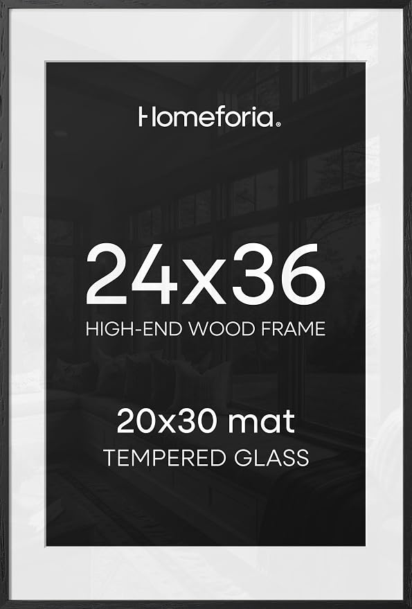 Homeforia 24x36 Black Wood Frame, High End Oak 24x36 Large Wooden Poster Frames with Mat 20x30 inch Photo, 24 x 36 Picture Frame Matted to 20 x 30, 36x24 Thin Frame, Tempered Glass, Wall Kit, Set of 1