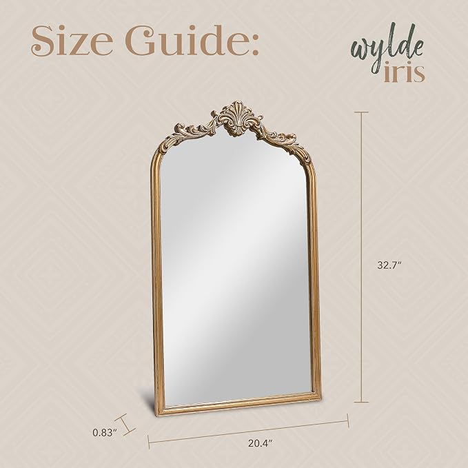 Wylde Iris English Estate Carved Arch Wood Wall Mirror, Mirror for Entryway, Living Room, Bathroom, Antique Gold, 20.4x33