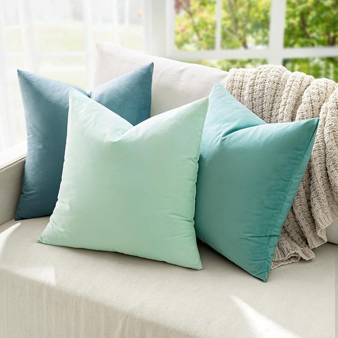 MIULEE 26x26 Inch Euro Sham Velvet Pillow Covers, Set of 2 Large Square Decorative Pillows -Aqua Green Super Soft for King Bed, Sofa, Couch, Accent Chairs with Hidden Zipper