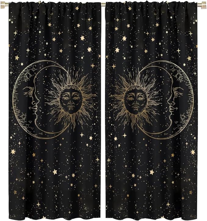 Sun Moon Blackout Windows Curtains, Golden Sun Moon and Stars Black Sky on Bohemian Style Curtains, for Living Room Bedroom 55x63in 2 Panels