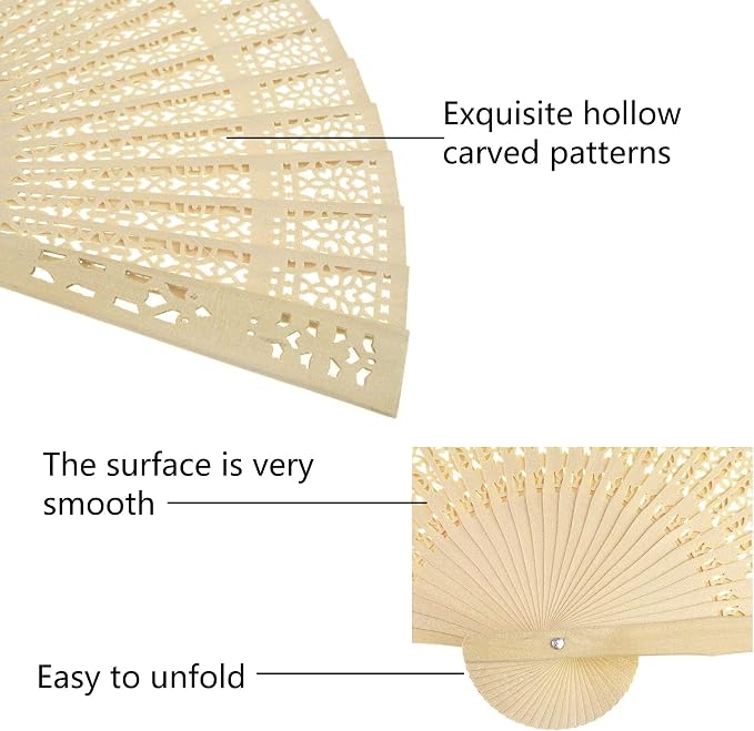 Wobe 60Pcs Sandalwood Fans Wedding Favors Hand Held Folding Fans Openwork | 8 Inch Wooden Personal Handheld Folding Fans for Wedding Party, Home Decorations, Baby Shower, Birthday