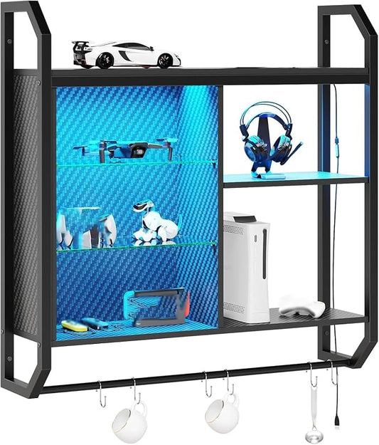 Bestier LED Gaming Floating Shelves, 34" Wall Mounted Shelf Pipe Shelves Hanging Display Rack Bookshelf with 6 S-Hook, Gaming Room Decor Wine Coffee Bar, Black Carbon Fiber