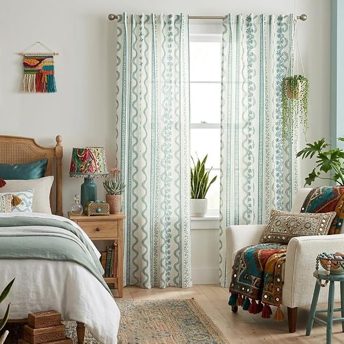 Summer Teal Floral Sheer Curtains, Eclectic Boho Vine Curtains for Bedroom Living Room