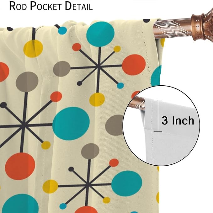 JESTRONRY Mid Century Curtains,Mid Century Fifties Modern Retro Colors Pattern Blackout Rod Pocket Window Drapes for Living Room Bedroom Kitchen Bathroom Home Decor 63x72in