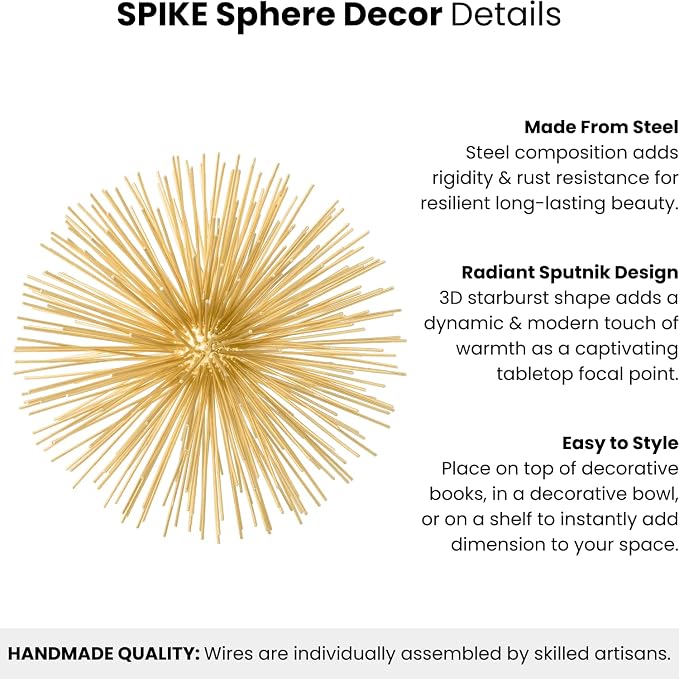 Torre & Tagus 7" Spike Gold Sphere Decor (Steel Metal Ball) - Starburst Table Decor For Decoration, Handmade Sputnik Geometric Decorative Objects, Mid-Century Modern Decor, Gold Home Accents for Shelf