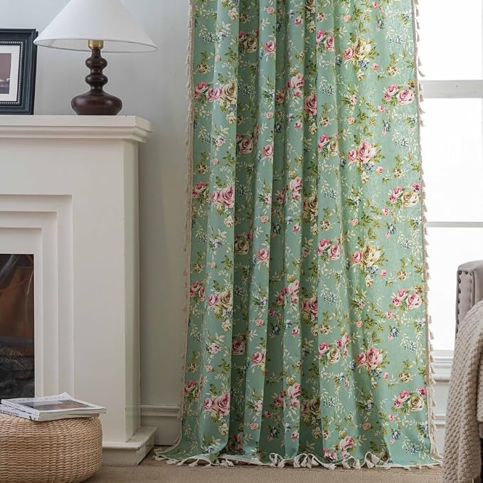 OYX Floral 84 Inch Curtains for Living Room Green Drapes Bedroom Semi Sheer Rod Pocket Floor Length Window Curtains 2 Panel Sets Boho Farmhouse Vintage Light Filtering Window Treatments