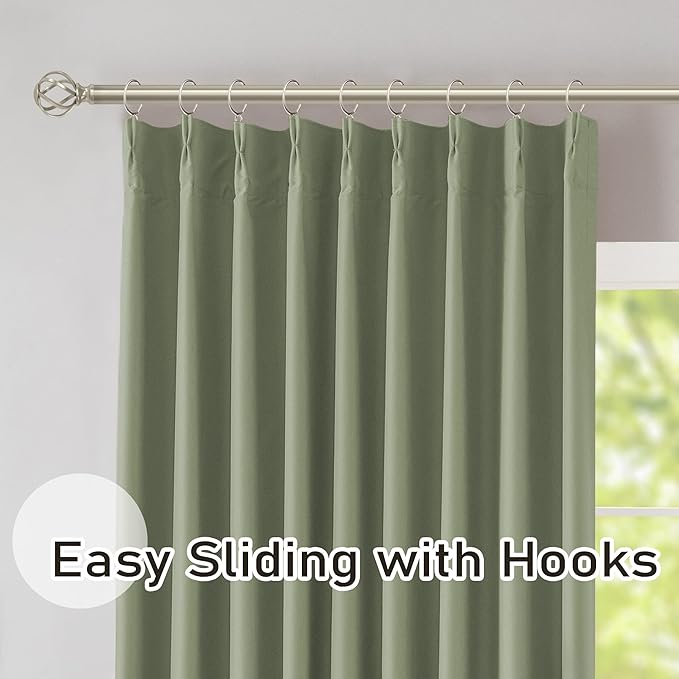 DONREN Sage Green Pinch Pleated Blackout Curtains with Hooks - 63 inch Length Room Darkening Thermal Insulated Short Window Curtain Panels for Bathroom Kids Room 2 Panel 40" Wx63 L
