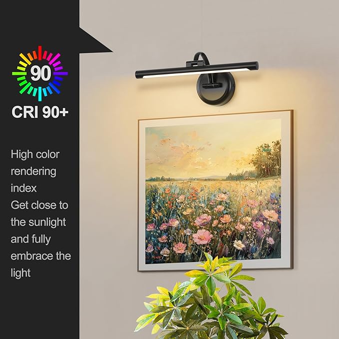 Black Picture Lights for Paintings Hardwired LED Wall Art Lighting 15.75" Dimmable Full Metal Gallery Light Modern Portrait Artwork Picture Frame Light with Single Swing Arm, 9W, 2700K, Warm White