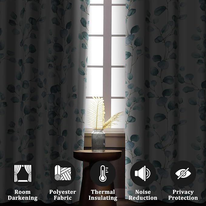 Renaiss Eucalyptus Leaf Curtains Green Eucalyptus Print Blackout Window Drapes for Bedroom Botanical Grommet Top Thermal Insulated Window Curtains for Living Room 29W x 55L 2 Panel Set