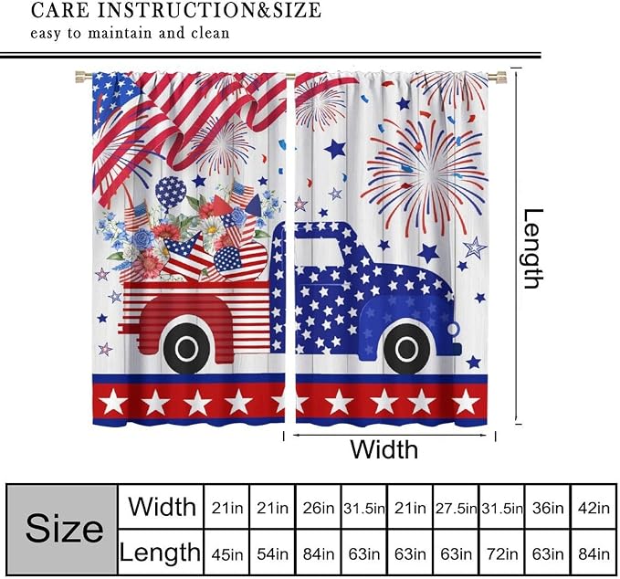 4th of July Curtain,American Flag Red Truck Independence Day Drapes for Bedroom Living Room Kitchen Window Treatment 2 Panels Set Total Size 42" W X 54" L Inch