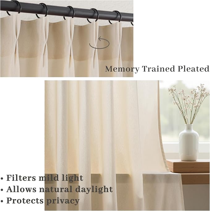 102 Inches Long Pinch Pleated Semi Sheer Curtains,Beige Linen Blended Light Filtering Window Curtains 102 Length 2 Panels for Living Room Bedroom Pinch Pleat Drapes with Hooks 2 Panels