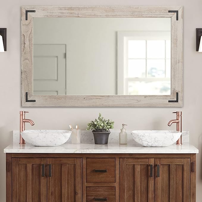 YOSHOOT Rustic Wooden Framed Wall Mirror, Natural Wood Bathroom Vanity Mirror for Farmhouse Decor, Vertical or Horizontal Hanging (40" x 26", White Grey)
