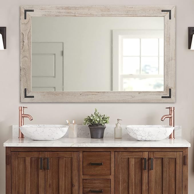 YOSHOOT Rustic Wooden Framed Wall Mirror, Natural Wood Bathroom Vanity Mirror for Farmhouse Decor, Vertical or Horizontal Hanging, 72" x 36", Grey