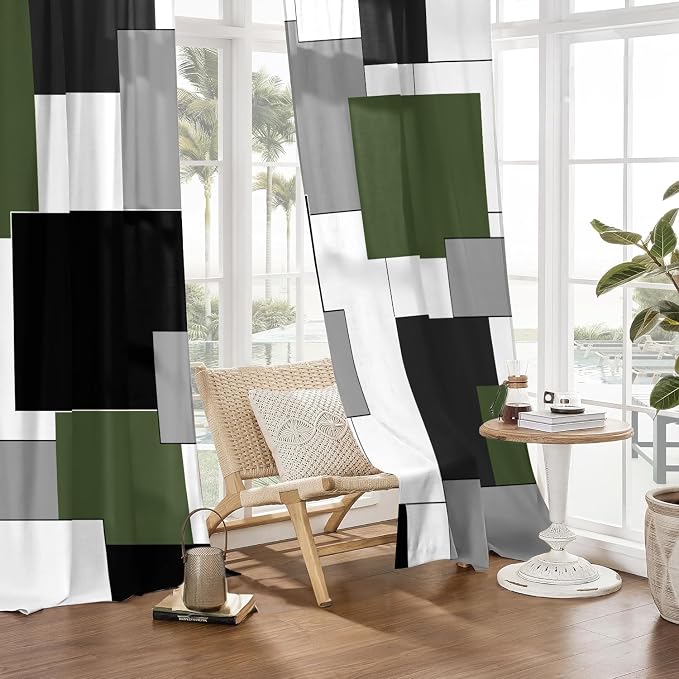 Green and Black Curtains for Living Room 84 Length Curtains Modern Geometry White Green Abstract Rod Pocket Curtain for Bedroom Kitchen Room Window Drapes 2 Panels
